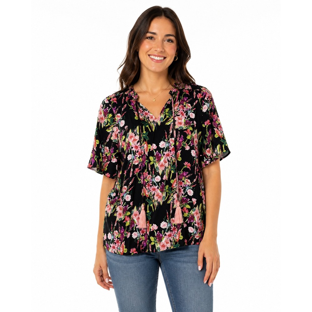 Denim & Co. Short Sleeve Printed Blouse with Tassels Black Multi, Small